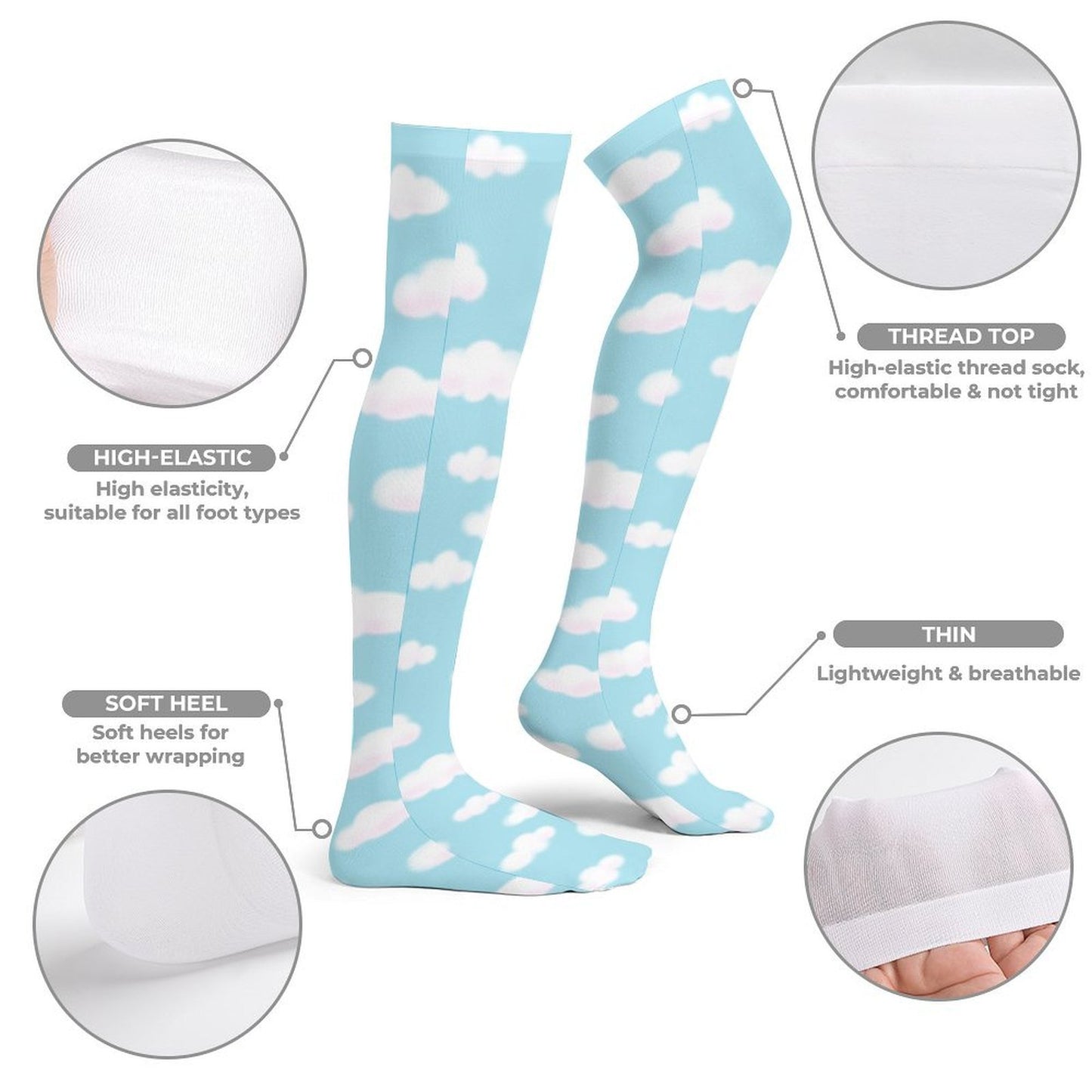 Dreamy Clouds Over Knee Stocking Socks (Sky Blue)
