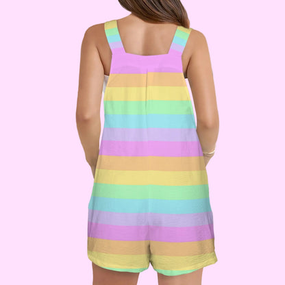 Fruity Rainbow Adjustable Strap Romper Overall Shorts With Pockets (Color Block)