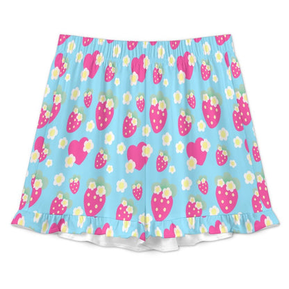 Strawberry Cutie Women's Top & Bottom Pajama Loungewear Set Short Sleeve Button Top Frilly Ruffled Shorts With Pockets (Fruity Berry Blue)