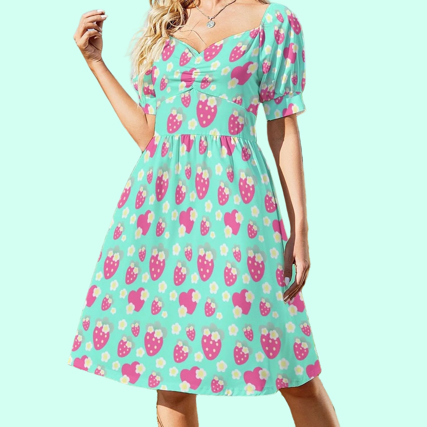 Strawberry Cutie Women's Sweetheart Neckline Puff Short Sleeve A-line Mini Dress (Fruity Berry Mint)