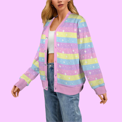 Rainbow Ribbon Women's Ribbed Button Up Cardigan