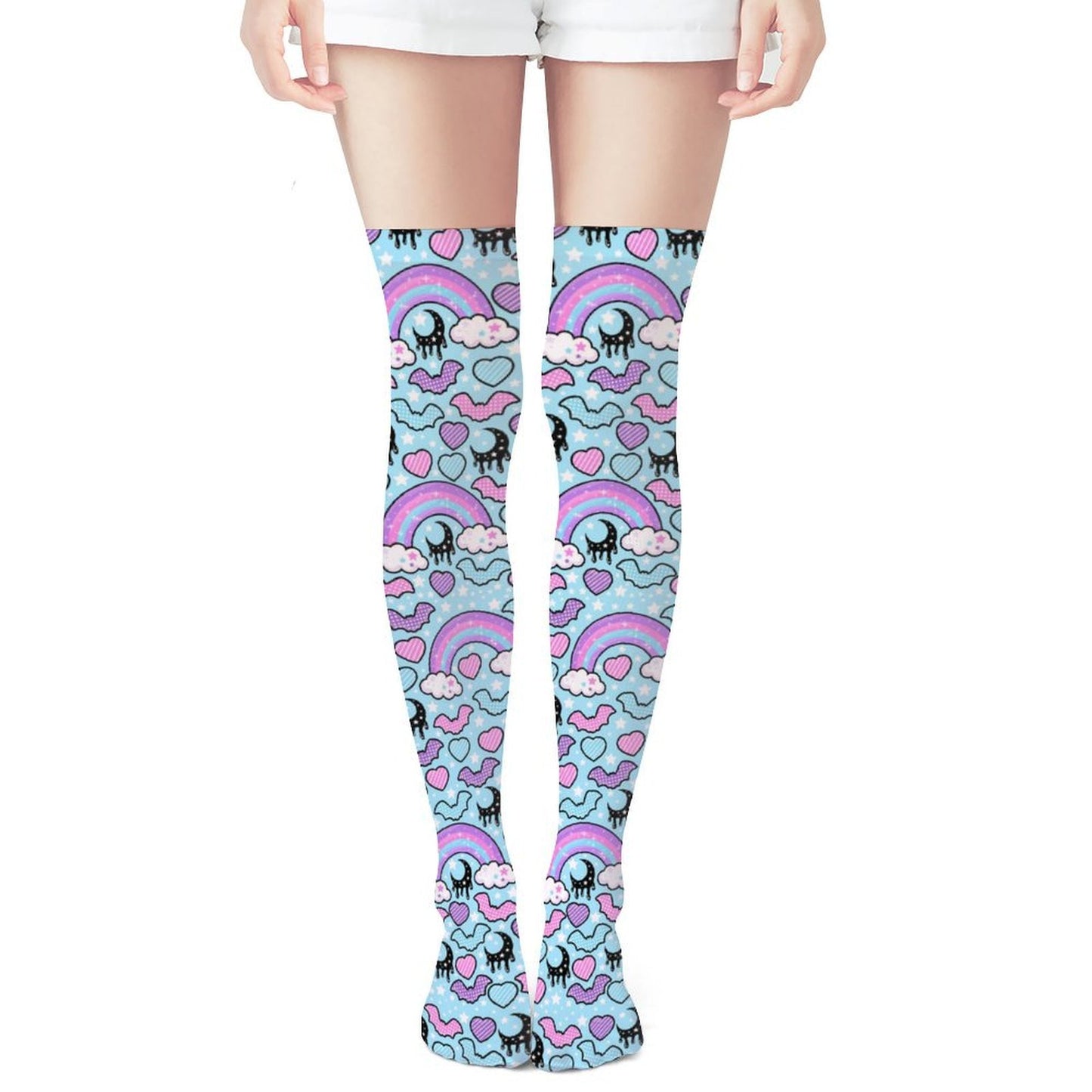 Rainbow Spooky Bats Over Knee Stocking Socks (Blue)