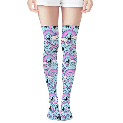 Rainbow Spooky Bats Over Knee Stocking Socks (Blue)