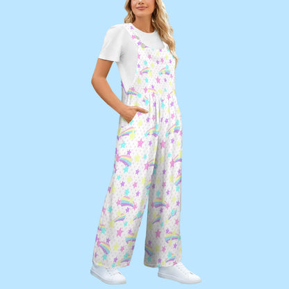 Starry Party White Adjustable Strap Wide Leg Jumpsuit Overalls With Pockets