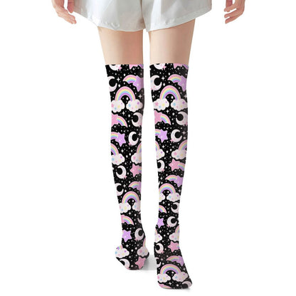Dreamy Rainbow Over Knee Stocking Socks (Black)