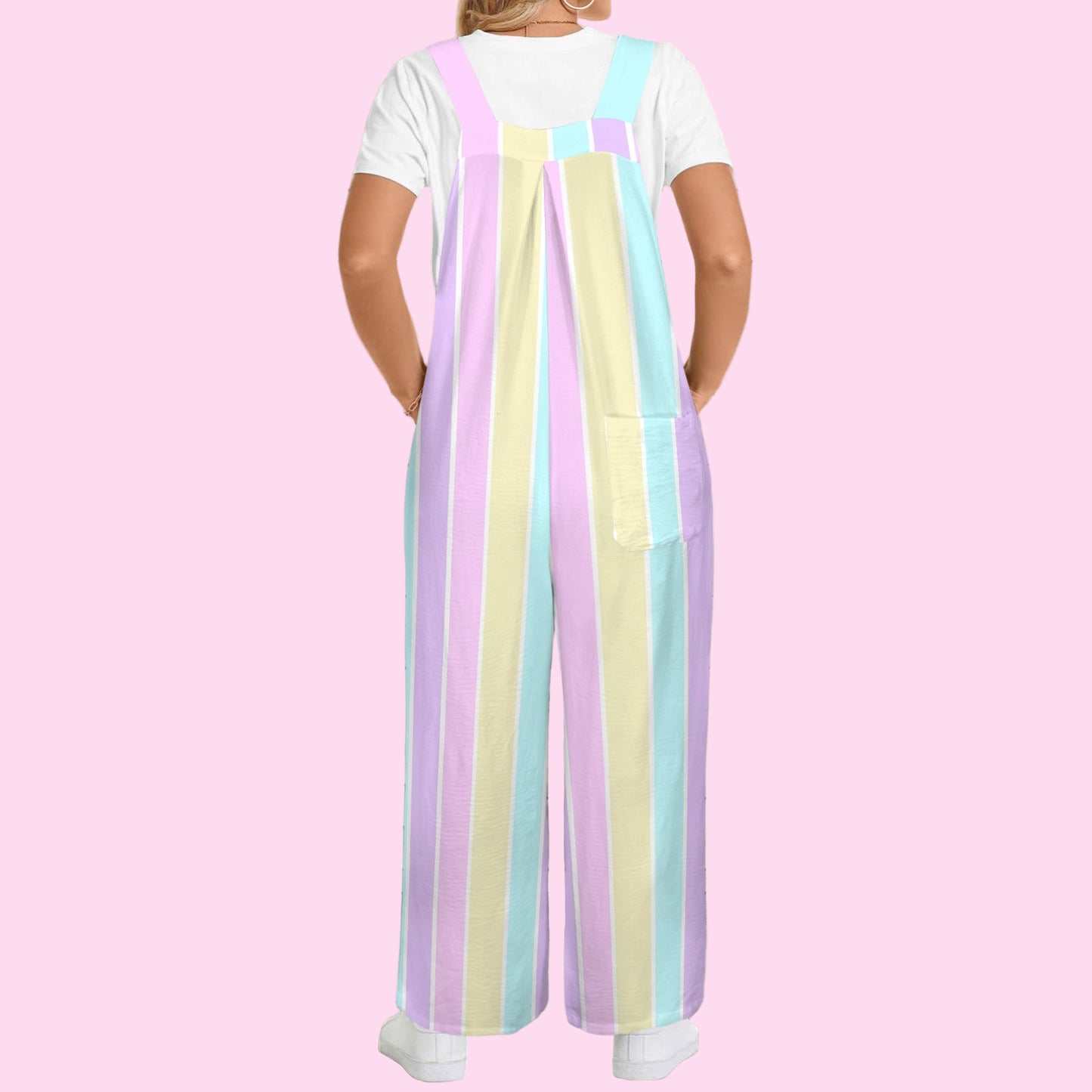 Pastel Stripes Adjustable Strap Wide Leg Jumpsuit Overalls With Pockets