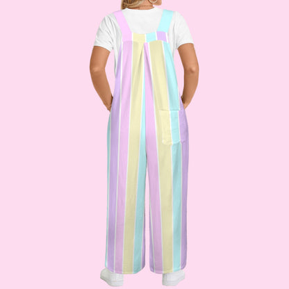 Pastel Stripes Adjustable Strap Wide Leg Jumpsuit Overalls With Pockets