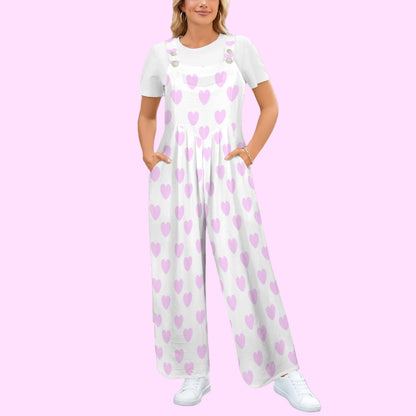 Sweet Love Hearts Adjustable Strap Wide Leg Jumpsuit Overalls With Pockets (Pink x White)