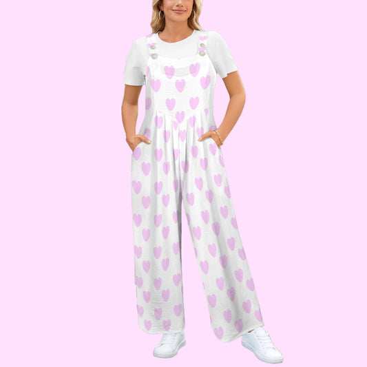Sweet Love Hearts Adjustable Strap Wide Leg Jumpsuit Overalls With Pockets (Pink x White)