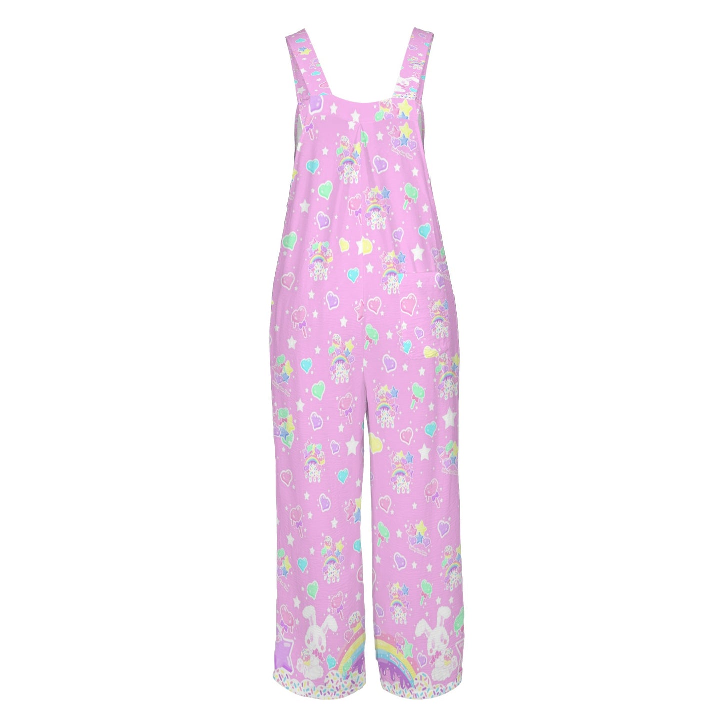 Rainbow Sweets Adjustable Strap Wide Leg Jumpsuit Overalls With Pockets (Pink)