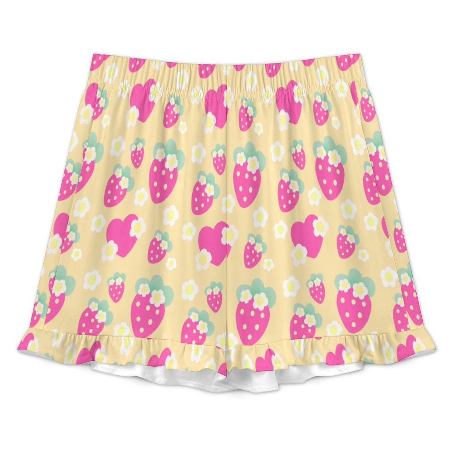 Strawberry Cutie Women's Top & Bottom Pajama Loungewear Set Short Sleeve Button Top Frilly Ruffled Shorts With Pockets (Fruity Berry Yellow)