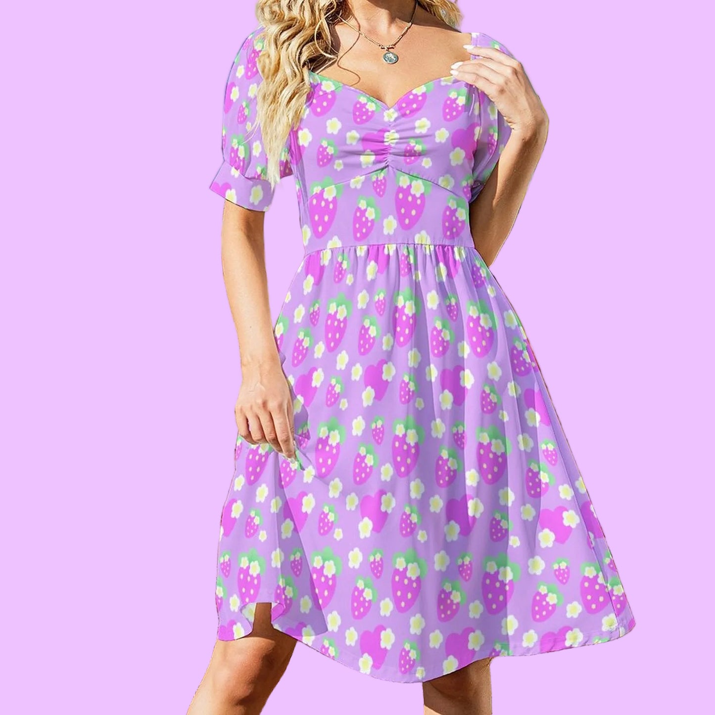 Strawberry Cutie Women's Sweetheart Neckline Puff Short Sleeve A-line Mini Dress (Fruity Berry Purple)