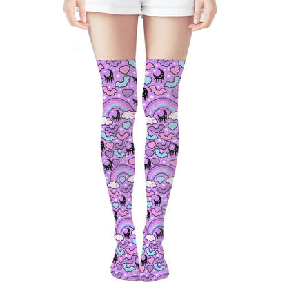 Rainbow Spooky Bats Over Knee Stocking Socks (Purple)