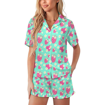 Strawberry Cutie Women's Top & Bottom Pajama Loungewear Set Short Sleeve Button Top Frilly Ruffled Shorts With Pockets (Fruity Berry Mint)