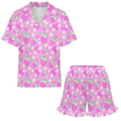Strawberry Cutie Women's Top & Bottom Pajama Loungewear Set Short Sleeve Button Top Frilly Ruffled Shorts With Pockets (Fruity Berry Pink)