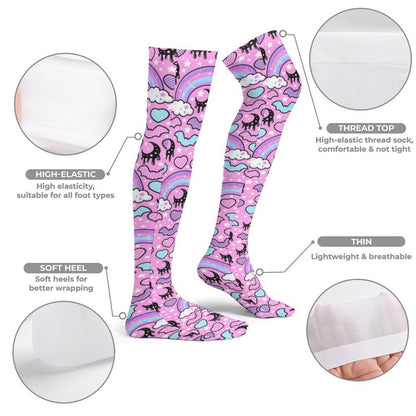 Rainbow Spooky Bats Over Knee Stocking Socks (Pink)
