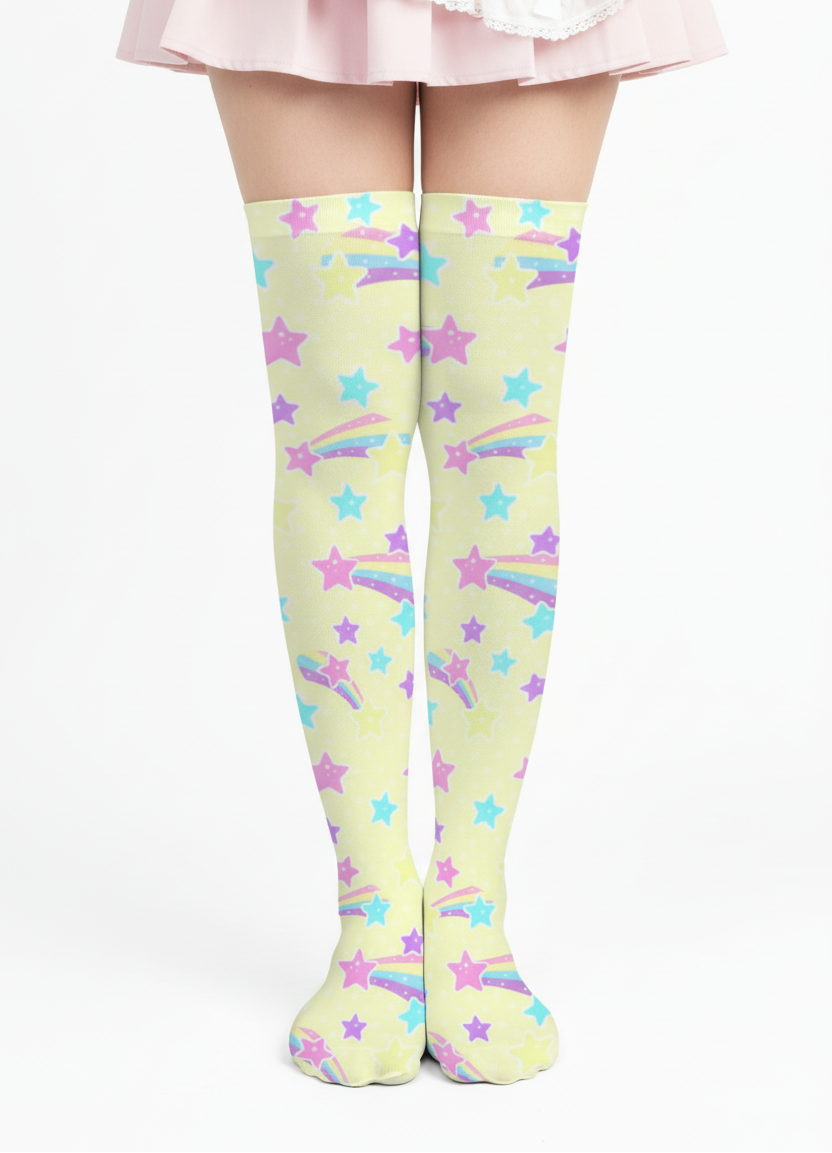 Kawaii fashion fairy kei yume kawaii harajuku fashion style jfashion pastel yellow rainbow stars cutecore jojifuku Starry Party Over Knee Stocking Socks (Yellow)