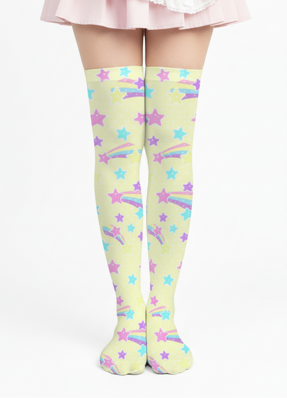 Kawaii fashion fairy kei yume kawaii harajuku fashion style jfashion pastel yellow rainbow stars cutecore jojifuku Starry Party Over Knee Stocking Socks (Yellow)