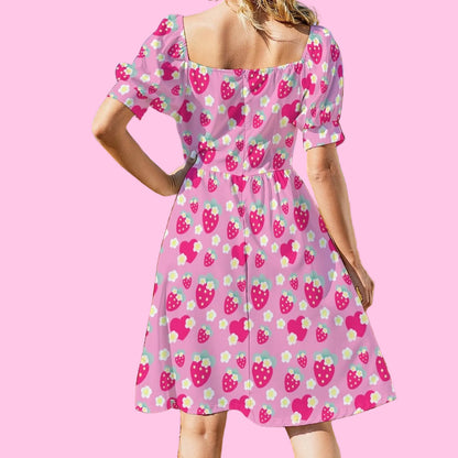 Strawberry Cutie Women's Sweetheart Neckline Puff Short Sleeve A-line Mini Dress (Soda Pop Fruity Berry Pink)