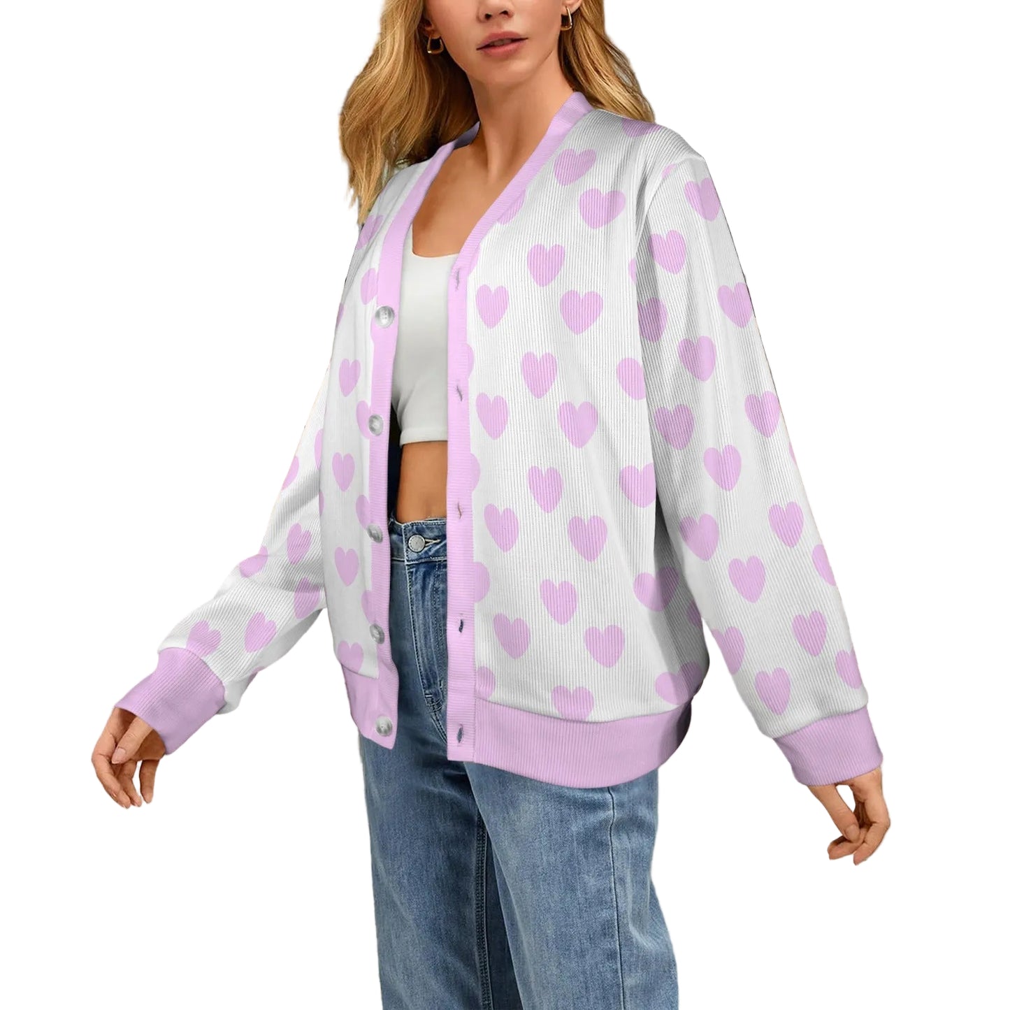 Sweet Love Hearts Ribbed Button Up Cardigan (Pink x White)