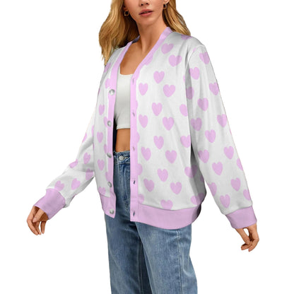 Sweet Love Hearts Ribbed Button Up Cardigan (Pink x White)