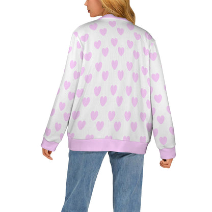 Sweet Love Hearts Ribbed Button Up Cardigan (Pink x White)