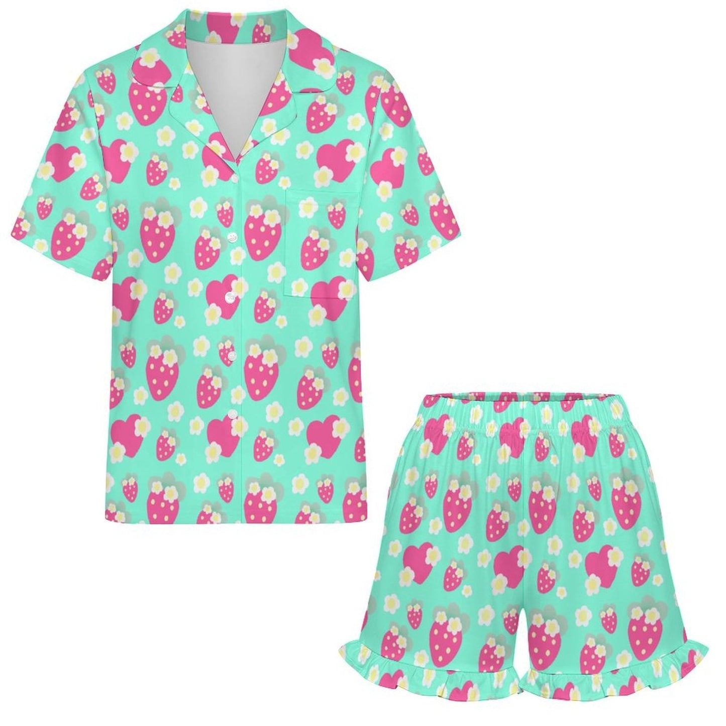Strawberry Cutie Women's Top & Bottom Pajama Loungewear Set Short Sleeve Button Top Frilly Ruffled Shorts With Pockets (Fruity Berry Mint)