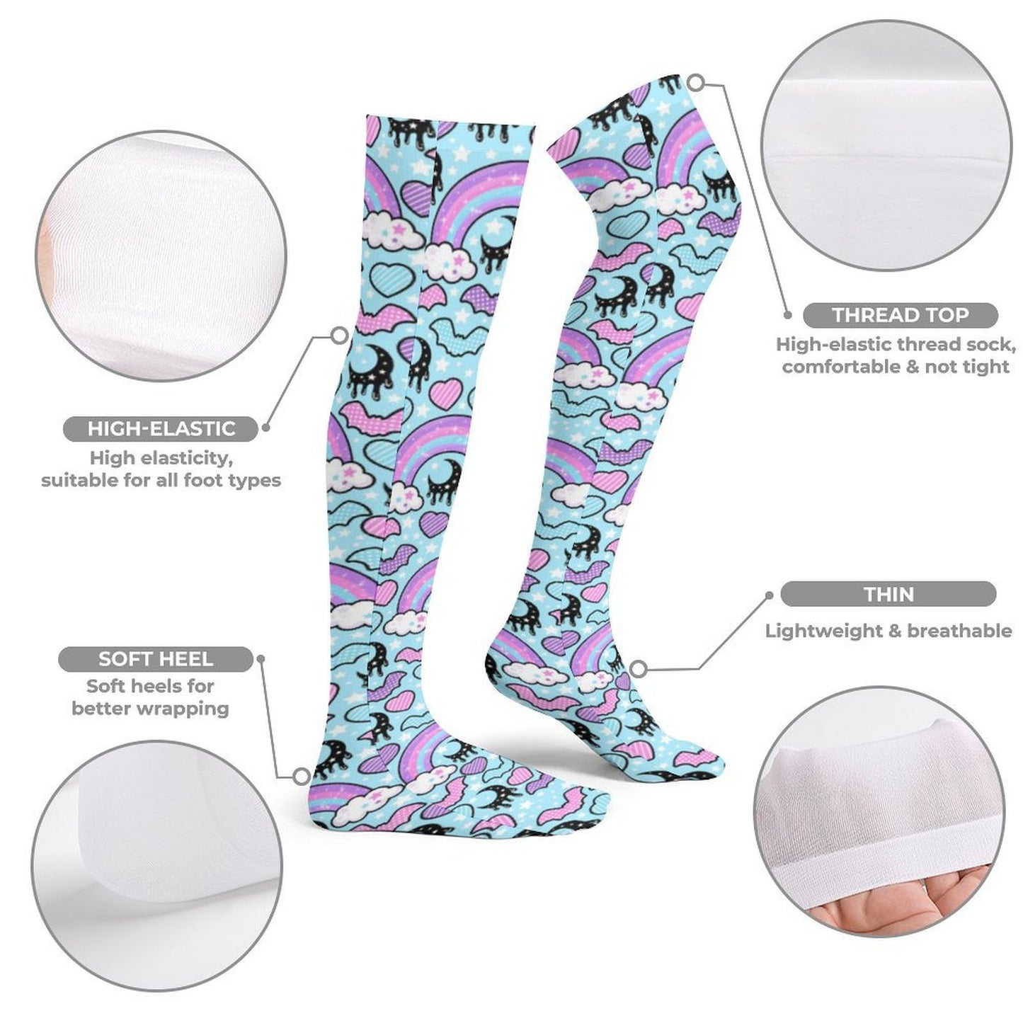Rainbow Spooky Bats Over Knee Stocking Socks (Blue)