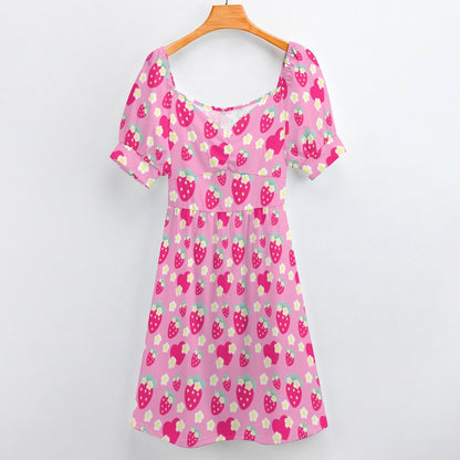 Strawberry Cutie Women's Sweetheart Neckline Puff Short Sleeve A-line Mini Dress (Soda Pop Fruity Berry Pink)