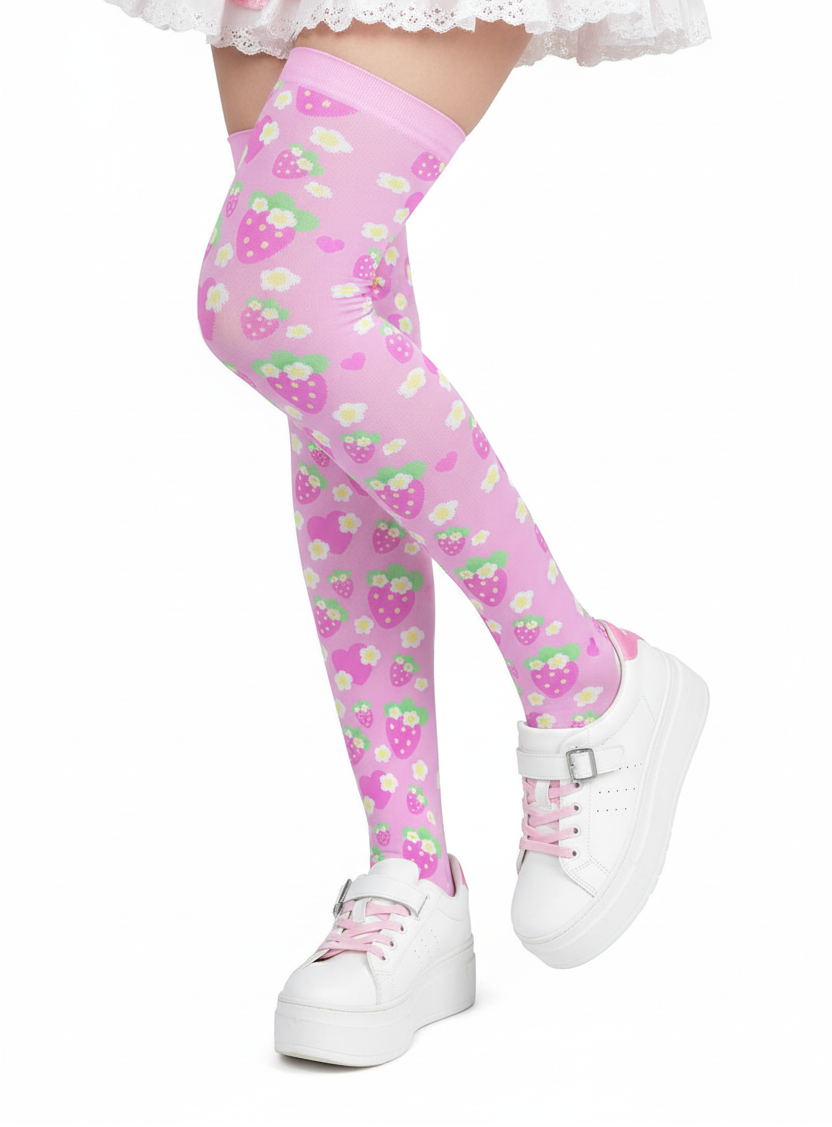 kawaii fashion harajuku fashion decora kei cutecore pink strawberry knee high socks pantyhose stockings