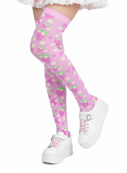 kawaii fashion harajuku fashion decora kei cutecore pink strawberry knee high socks pantyhose stockings