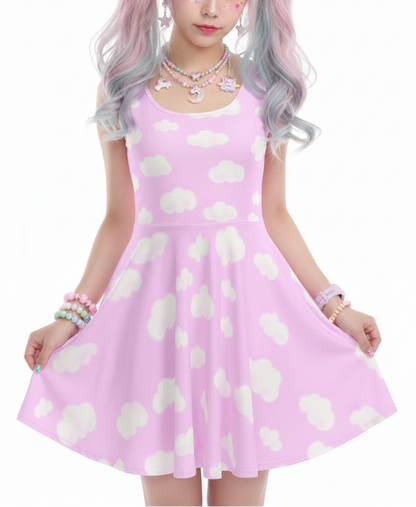 fairy kei yume kawaii tenshi kaiwai Kawaii fashion Jfashion Harajuku style  cutecore jojifuku heisei retro pastel blue Dreamy Clouds Women's Skater Dress With Pockets (Taffy Pink) pastel pink summer trendy cute 