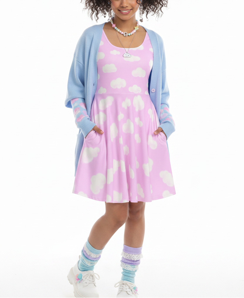 fairy kei yume kawaii tenshi kaiwai Kawaii fashion Jfashion Harajuku style  cutecore jojifuku heisei retro pastel blue Dreamy Clouds Women's Skater Dress With Pockets (Taffy Pink) pastel pink summer trendy cute 