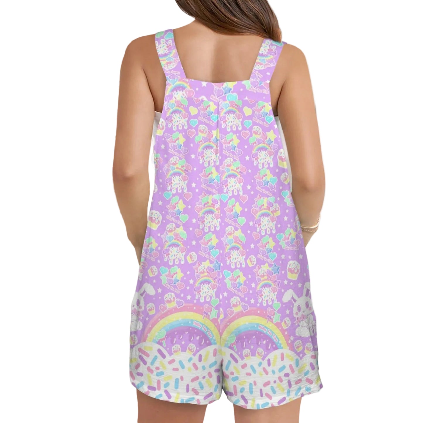 Rainbow Sweets Adjustable Strap Romper Overall Shorts With Pockets (Purple)