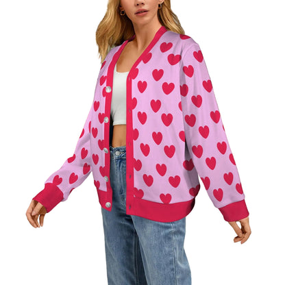 Sweet Love Hearts Ribbed Button Up Cardigan (Red x Pink)
