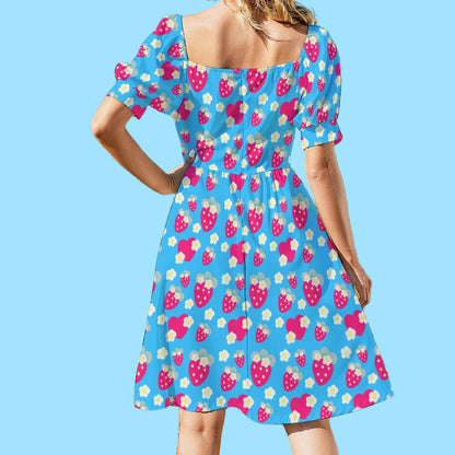 Strawberry Cutie Women's Sweetheart Neckline Puff Short Sleeve A-line Mini Dress (Soda Pop Fruity Berry Blue)