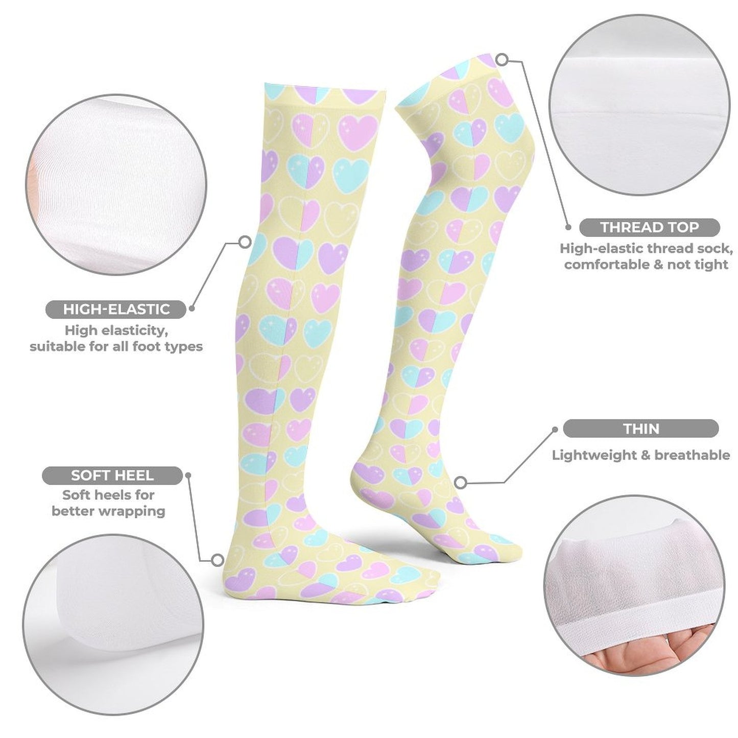 Sweet Love Hearts Over Knee Stocking Socks (Yellow)