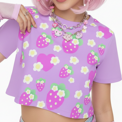 Kawaii cute cutecore purple strawberry crop top t-shirt flowers jojifuku Harajuku fashion style jfashion alt fashion decora kei kidcore