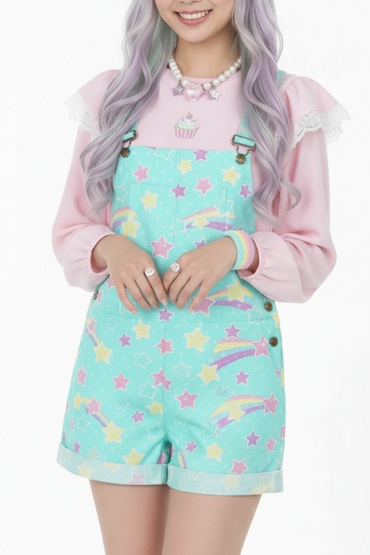 kawaii fairy kei yume kawaii cutecore harajuku fashion jfashion Japanese street fashion Starry Party Blue Unisex Shorts Overalls With Adjustable Straps And Pockets pastel blue aqua