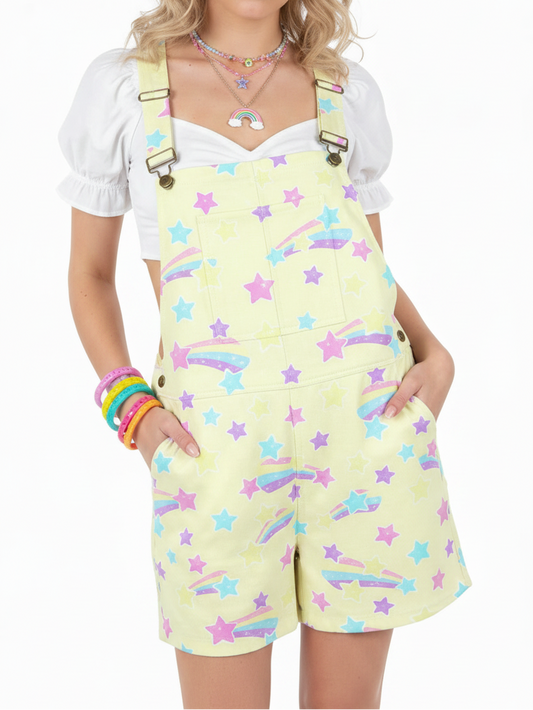 kawaii fairy kei yume kawaii cutecore harajuku fashion jfashion Japanese street fashion Starry Party Yellow Unisex Shorts Overalls With Adjustable Straps And Pockets pastel yellow