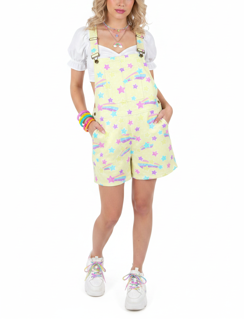kawaii fairy kei yume kawaii cutecore harajuku fashion jfashion Japanese street fashion Starry Party Yellow Unisex Shorts Overalls With Adjustable Straps And Pockets pastel yellow