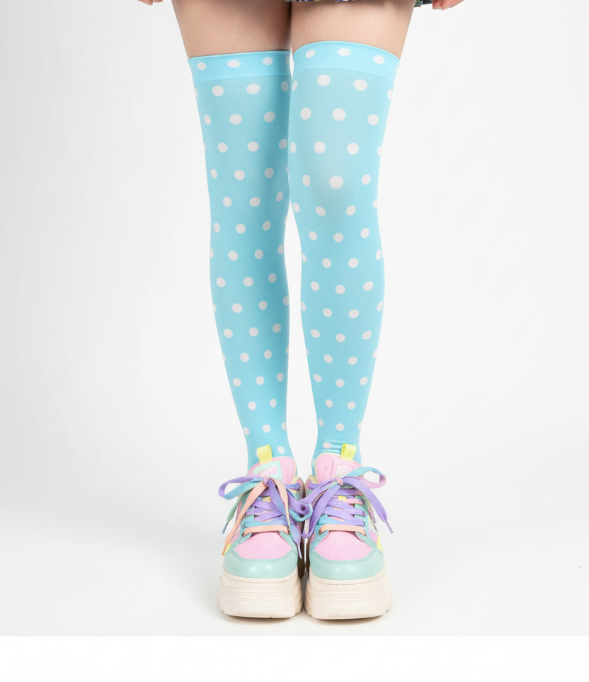 kawaii fashion Harajuku fashion Jfashion pastel yume kawaii fairy kei cutecore jojifulu Cute Polka Dots Over Knee Stocking Socks (Blue) pastel blue sky blue aqua