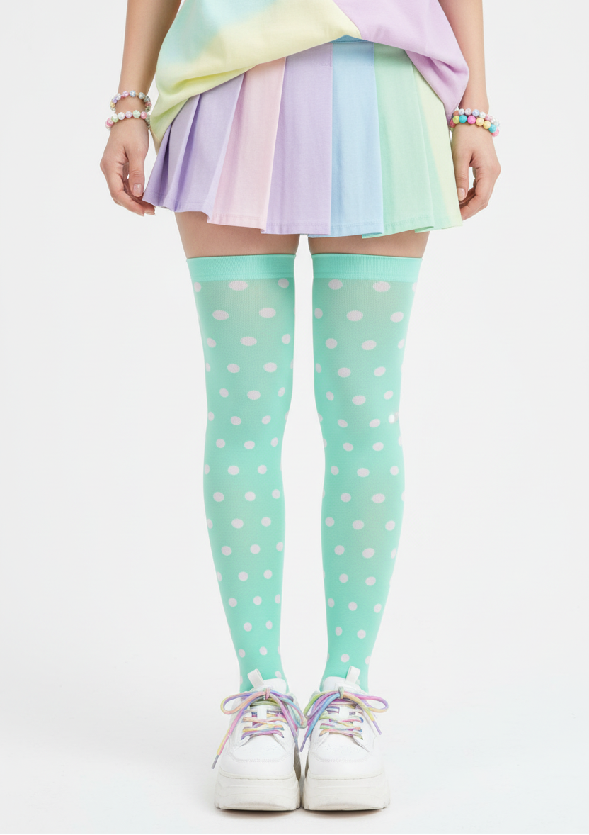 kawaii fashion Harajuku fashion Jfashion pastel yume kawaii fairy kei cutecore jojifulu Cute Polka Dots Over Knee Stocking Socks pastel green mint clover 
