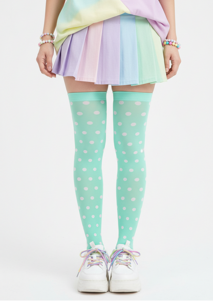 kawaii fashion Harajuku fashion Jfashion pastel yume kawaii fairy kei cutecore jojifulu Cute Polka Dots Over Knee Stocking Socks pastel green mint clover 