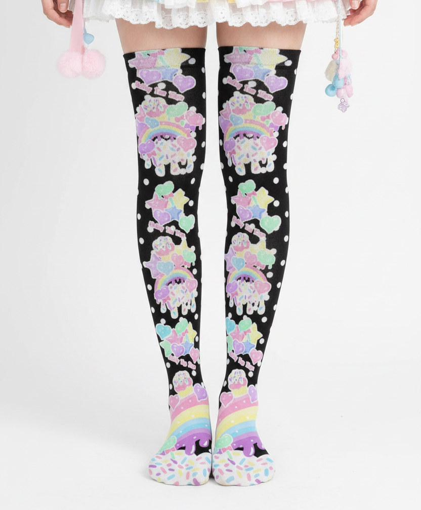 kawaii fashion Harajuku style decora kei pop kei fairy kei cutecore Japanese street fashion Rainbow Sweets Over Knee Stocking Socks (Black) polka dots stars hearts candy sweets colorful dopamine