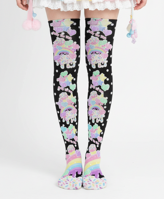 kawaii fashion Harajuku style decora kei pop kei fairy kei cutecore Japanese street fashion Rainbow Sweets Over Knee Stocking Socks (Black) polka dots stars hearts candy sweets colorful dopamine