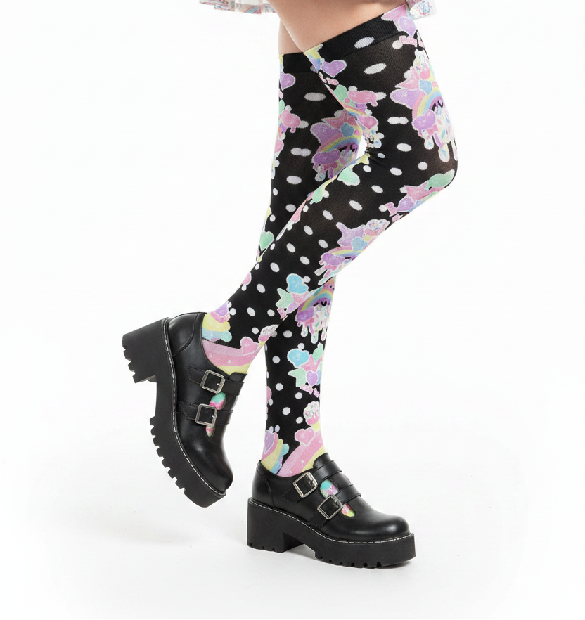 kawaii fashion Harajuku style decora kei pop kei fairy kei cutecore Japanese street fashion Rainbow Sweets Over Knee Stocking Socks (Black) polka dots stars hearts candy sweets colorful dopamine
