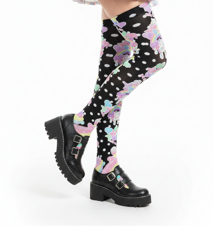 kawaii fashion Harajuku style decora kei pop kei fairy kei cutecore Japanese street fashion Rainbow Sweets Over Knee Stocking Socks (Black) polka dots stars hearts candy sweets colorful dopamine