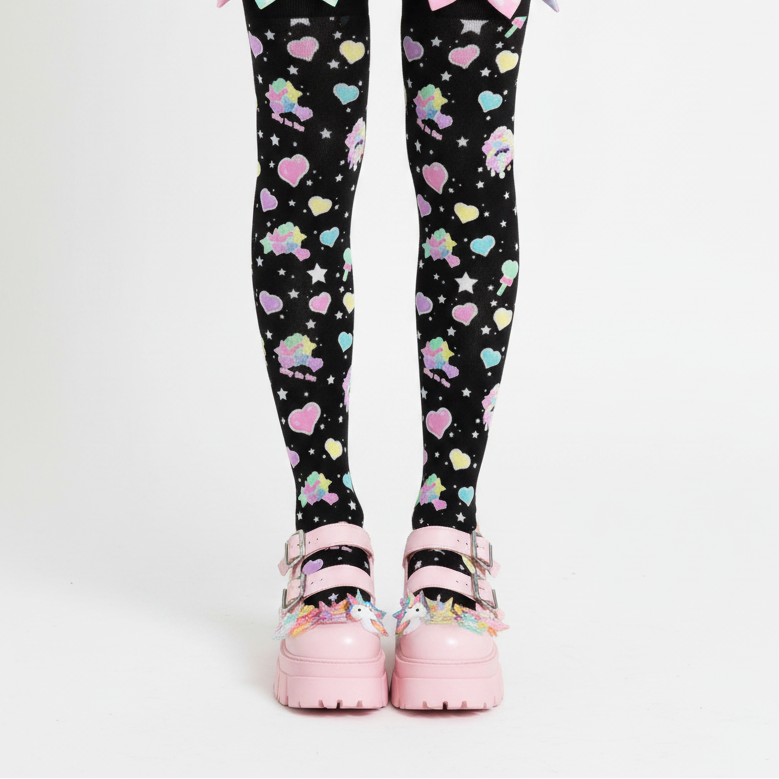 kawaii fashion Harajuku style decora kei pop kei fairy kei cutecore Japanese street fashion Rainbow Sweets Over Knee Stocking Socks (Black) stars hearts candy sweets colorful dopamine