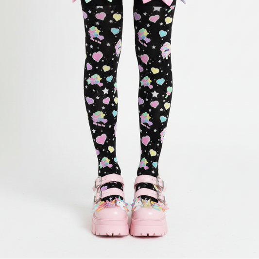 kawaii fashion Harajuku style decora kei pop kei fairy kei cutecore Japanese street fashion Rainbow Sweets Over Knee Stocking Socks (Black) stars hearts candy sweets colorful dopamine
